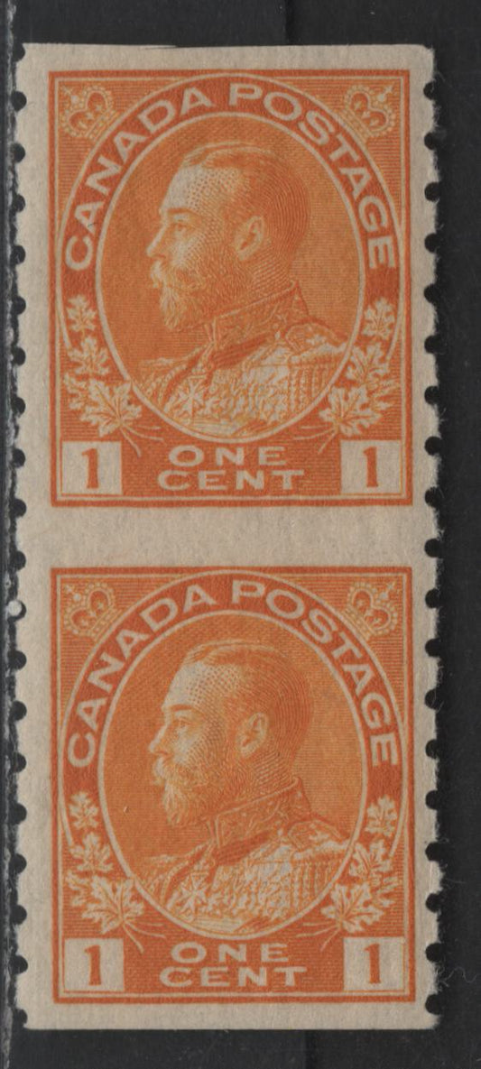 Lot 87 Canada #126c 1c Yellow Orange King George V, 1911-1928 Admiral Issue, A VFOG Part Perforate Coil Pair, Perforated 8 Vertically, Wet Printing, Rare - Only 1,100 Pairs Originally Issued!