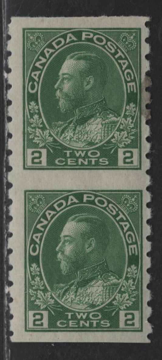 Lot 89 Canada #128a 2c Green King George V, 1911-1928 Admiral Issue, A VFOG Part Perforate Coil Pair, Perforated 8 Vertically, Dry Printing