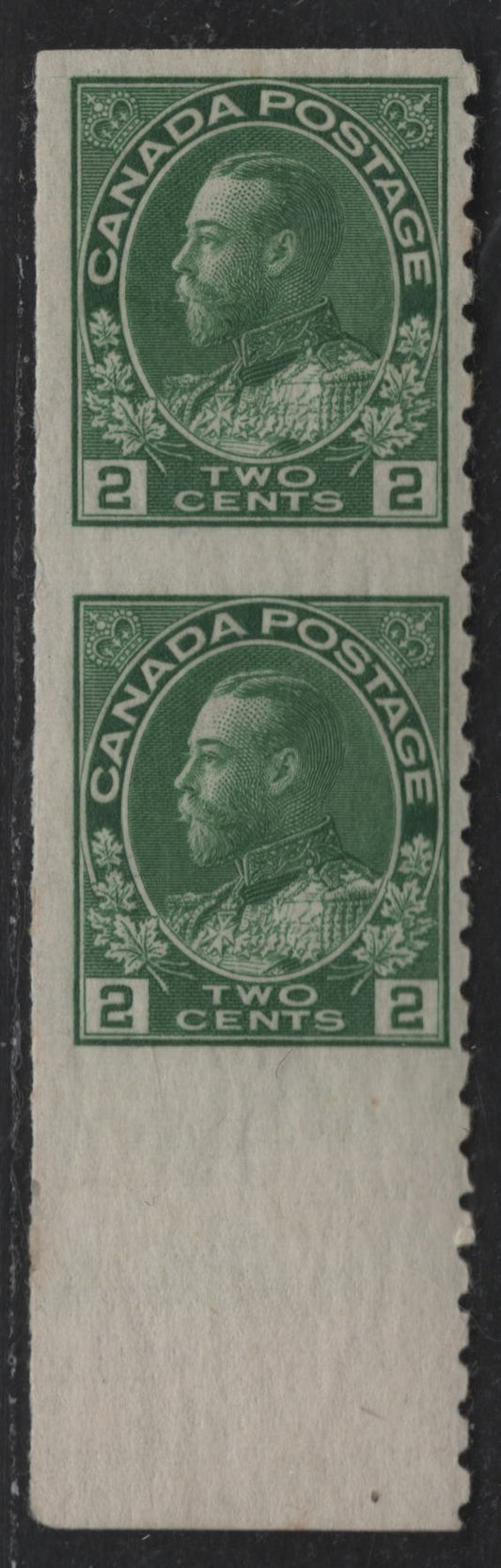 Lot 90 Canada #128a 2c Green King George V, 1911-1928 Admiral Issue, A VFOG Part Perforate Coil Pair, Perforated 8 Vertically, Dry Printing, From the Left Edge of the Sheet