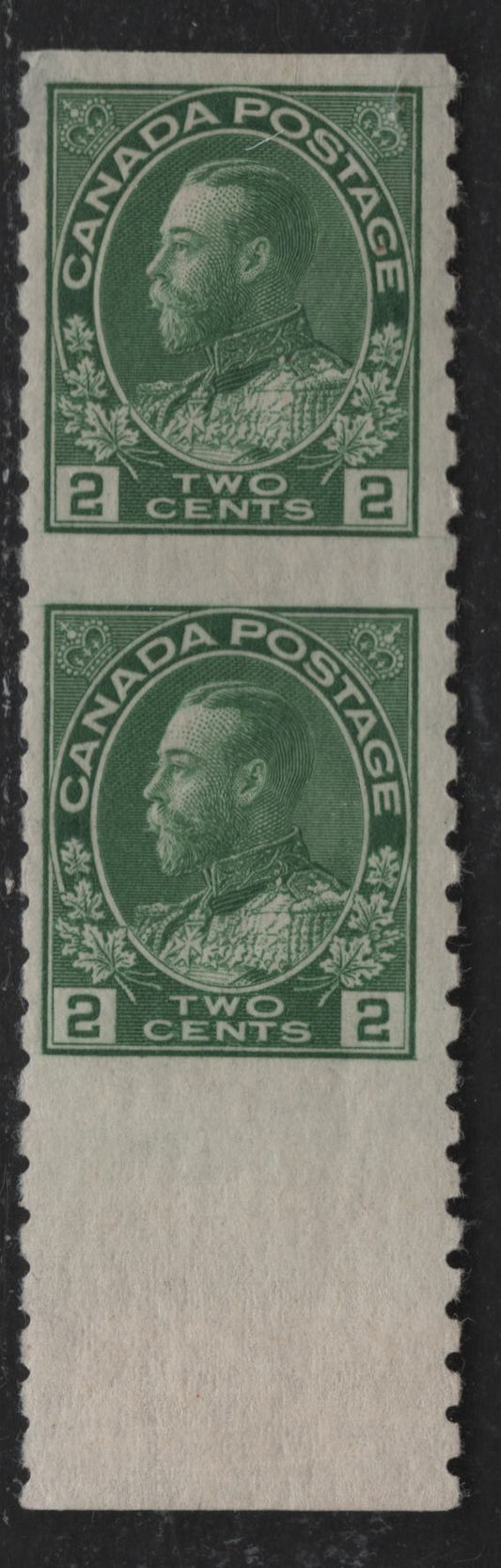 Lot 91 Canada #128a 2c Green King George V, 1911-1928 Admiral Issue, A Fine OG Part Perforate Coil Pair, Perforated 8 Vertically, Dry Printing
