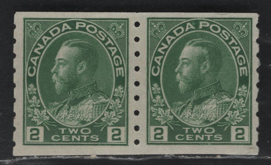 Lot 93 Canada #128a 2c Green King George V, 1911-1928 Admiral Issue, A Fine NH Coil Pair, Perforated 8 Vertically, Dry Printing, Cut From the Part Perforate Sheets