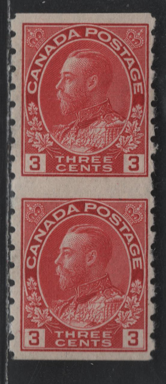 Lot 96 Canada #130a 3c Carmine Red King George V, 1911-1928 Admiral Issue, A Fine OG Part Perforate Coil Pair, Perforated 8 Vertically, Wet Printing, Rare - Only 1,100 Pairs Originally Issued!