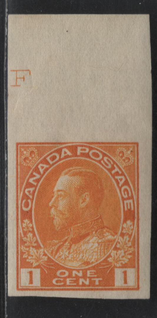 Lot 97 Canada #136 1c Yellow Orange King George V, 1911-1928 Admiral Issue, A VFOG Top Sheet Margin Example Of The Imperforate Issue