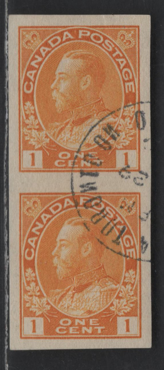 Lot 99 Canada #136 1c Yellow Orange King George V, 1911-1928 Admiral Issue, A VF Used Vertical Imperforate Pair, Die 1, Wet Printing