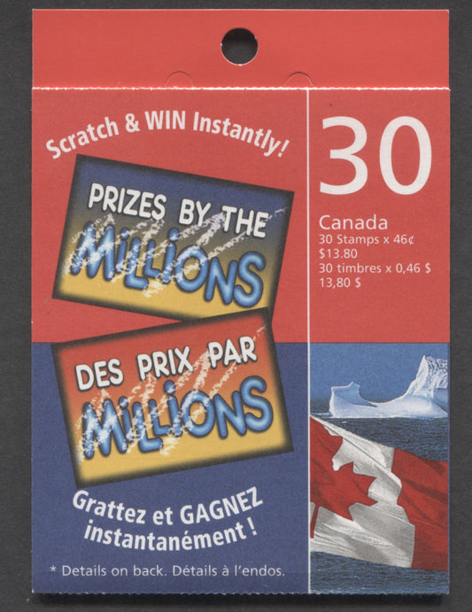 Canada #BK215Ca 1998-1999 Definitive Issue, A 46c Multicolored Booklet, Sealed Cover, J-Paper, HF Cover Stock, 'Scratch & Win' & 'Prize Details' Covers, Corrected Imprint 'J' Instead Of 'C', APC Printing, Perf 13 x 13.5, 01587 8 Barcode