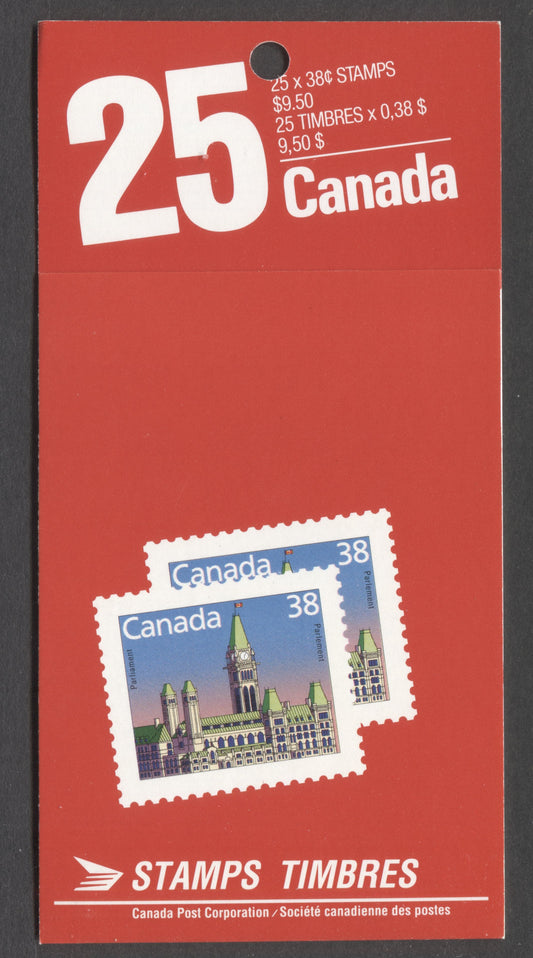 Canada #BK103c 1989 Parliament Buildings Issue, A 38c Multicolored Booklet, Sealed, Shiny DF Stock With Fluorescent Red Ink, 2 Stamps' & 'Priority Post' Covers, AP Printing, Perf 13.1 x 13.6, Rate Info, Tag Bar At Left Edge Of Label