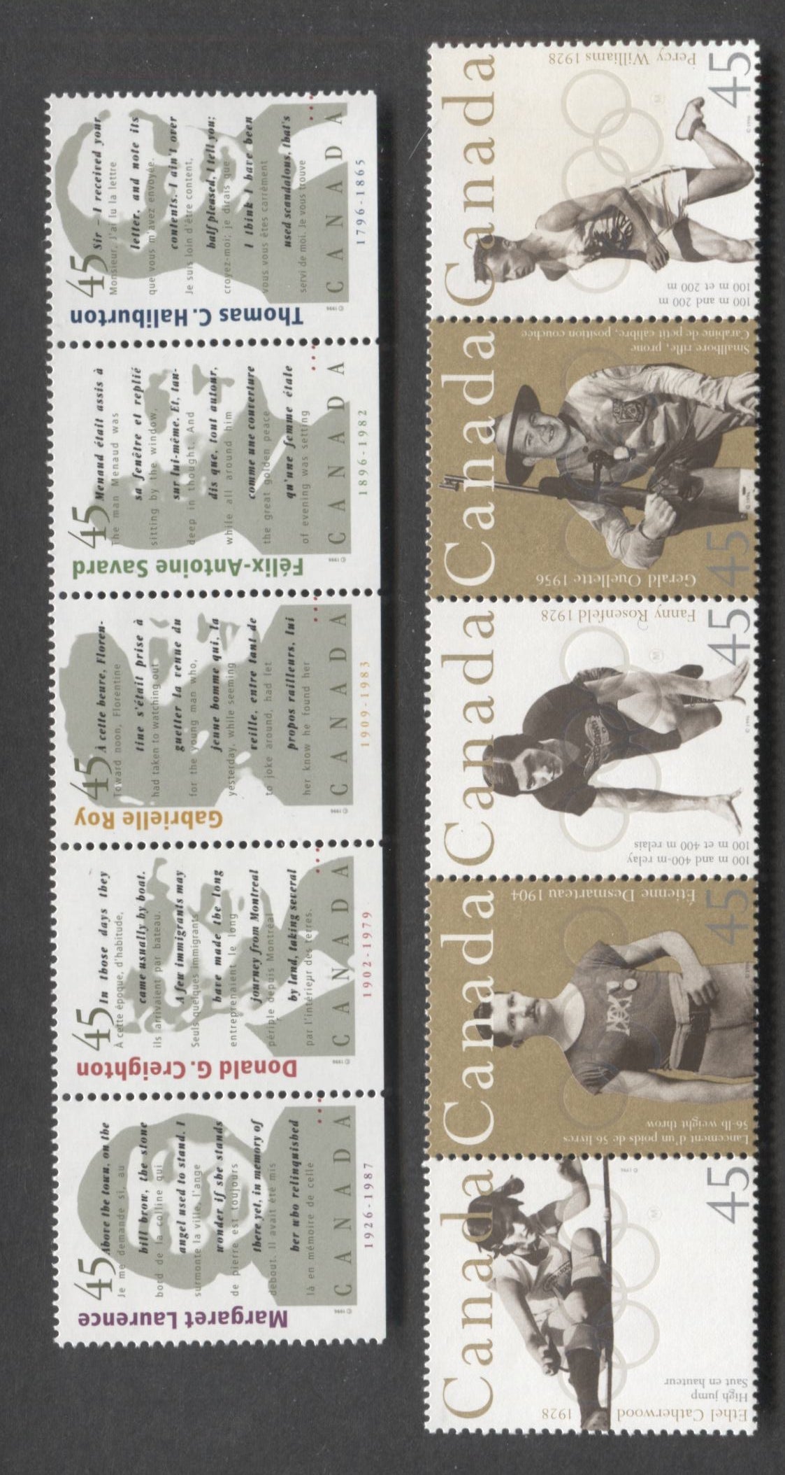 Canada #1612ai, 1626ai 45c Multicolored, 1996 Olympic Medallists & Authors, 2 VFNH Unfolded Strips Of 5 From The Annual Collection