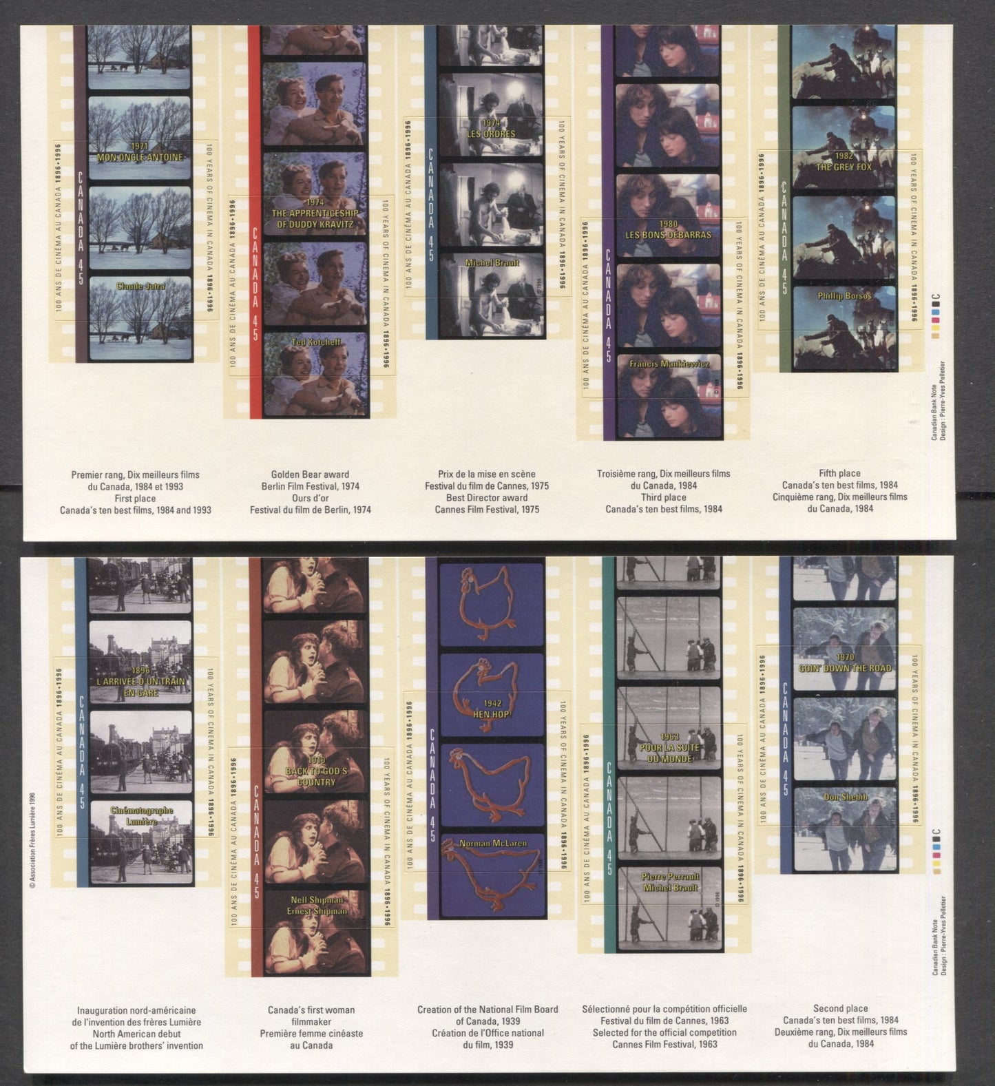 Canada #1615-1616 45c Multicolored, 1996 Cinema Issue, 2 VFNH Sheets Of 5 With Strong Phosphor On FCP Coated Papers