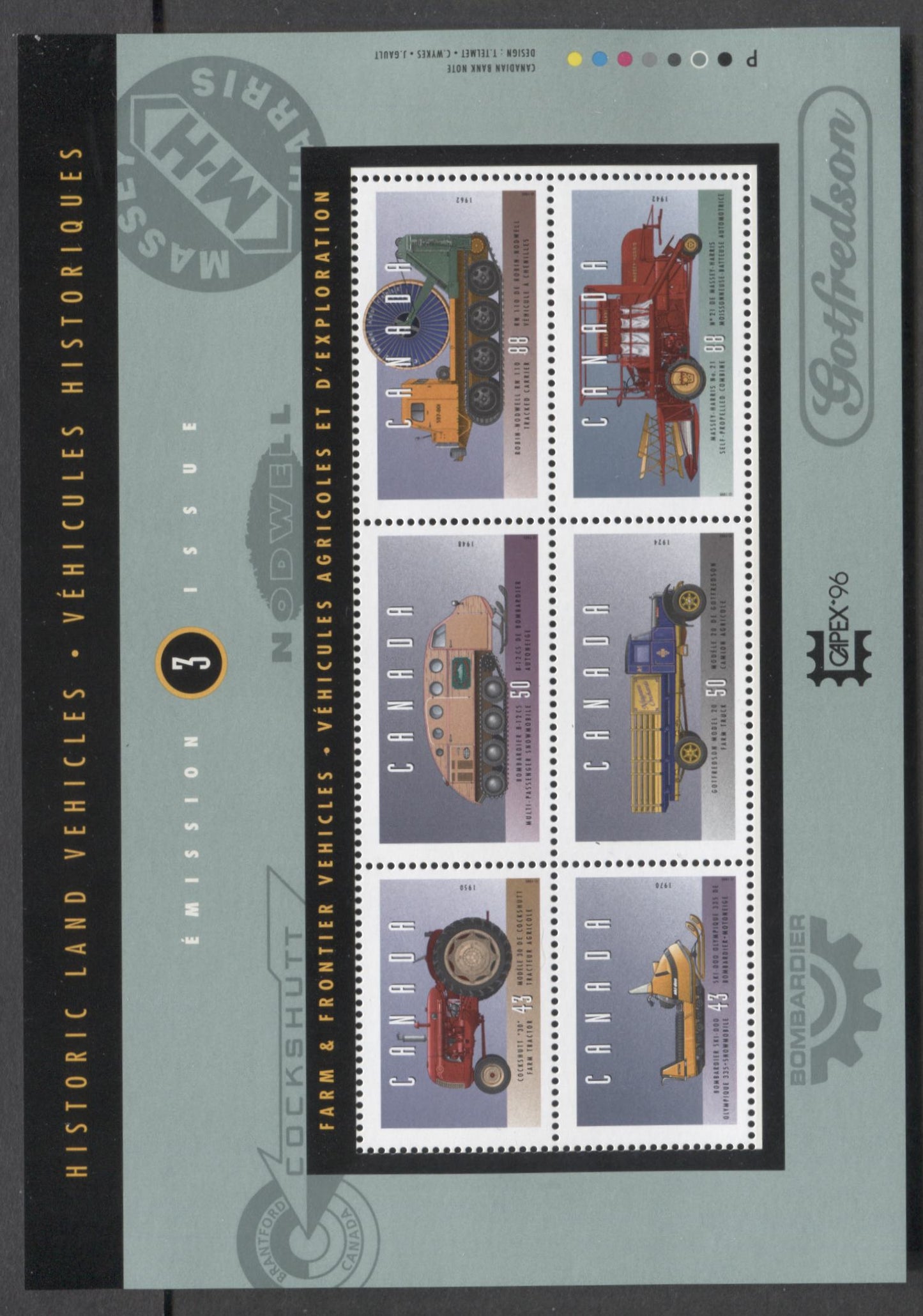 Canada #1552i 43c-88c Multicolored, 1995 Historical Land Vehicles, A VFNH Sheet Of 6 On MF Paper