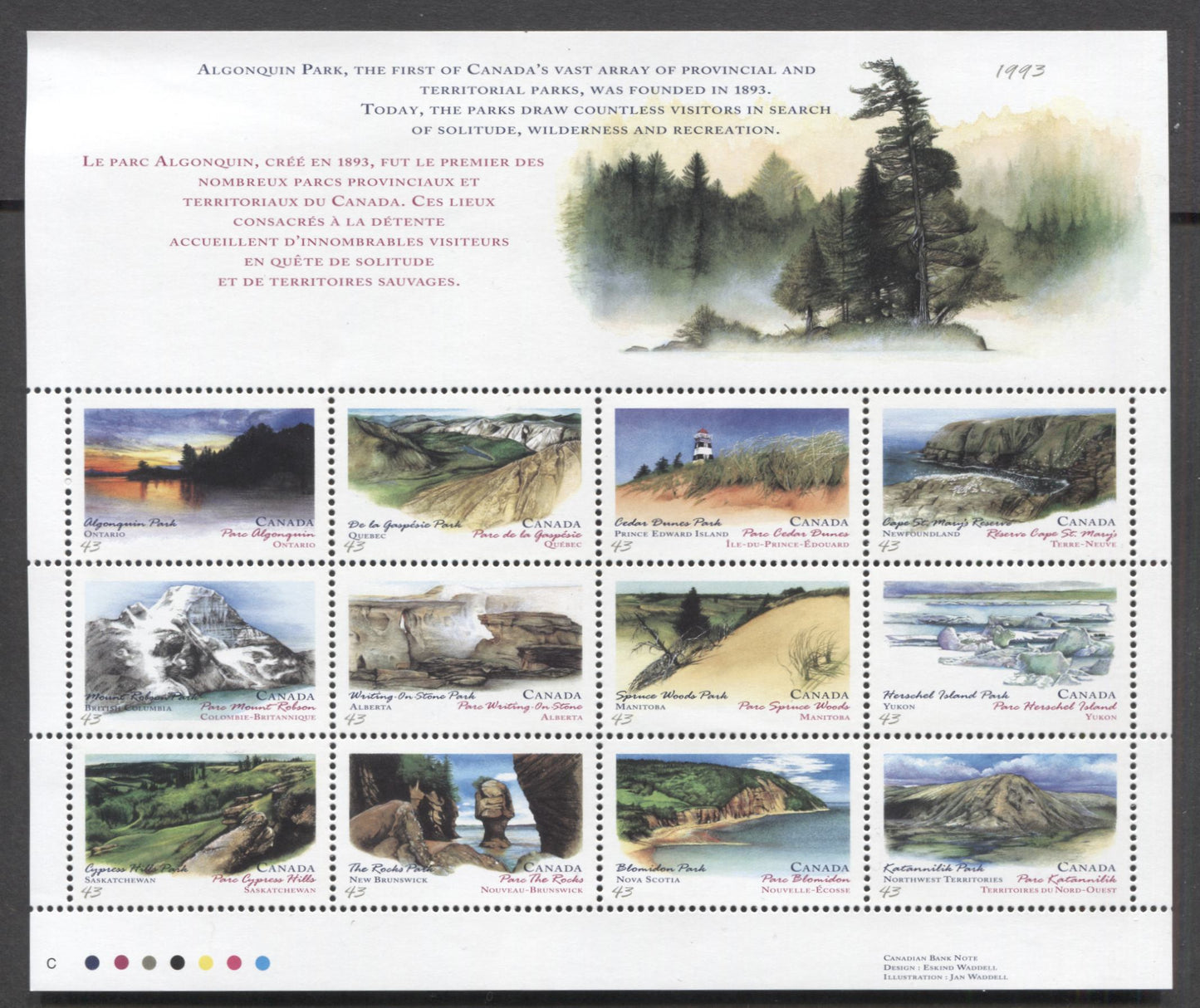 Canada #1483a 43c Multicolored, 1993 Canada Day Issue, A VFNH Sheet Of 12  On NF/DF CPP Paper, With Full Decorative Border