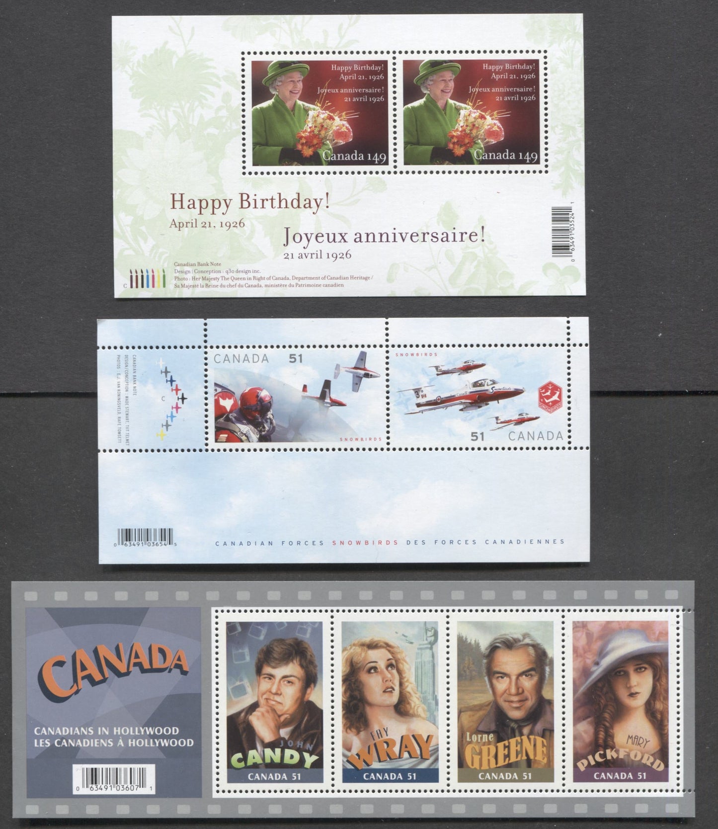 Lot 71 Canada #2150, 2153, 2159 51c-$1.49 Multicolored, 2006 Queen Elizabeth II's 80th Birthday - Snow Bird Issues, 3 VFNH Souvenir Sheets