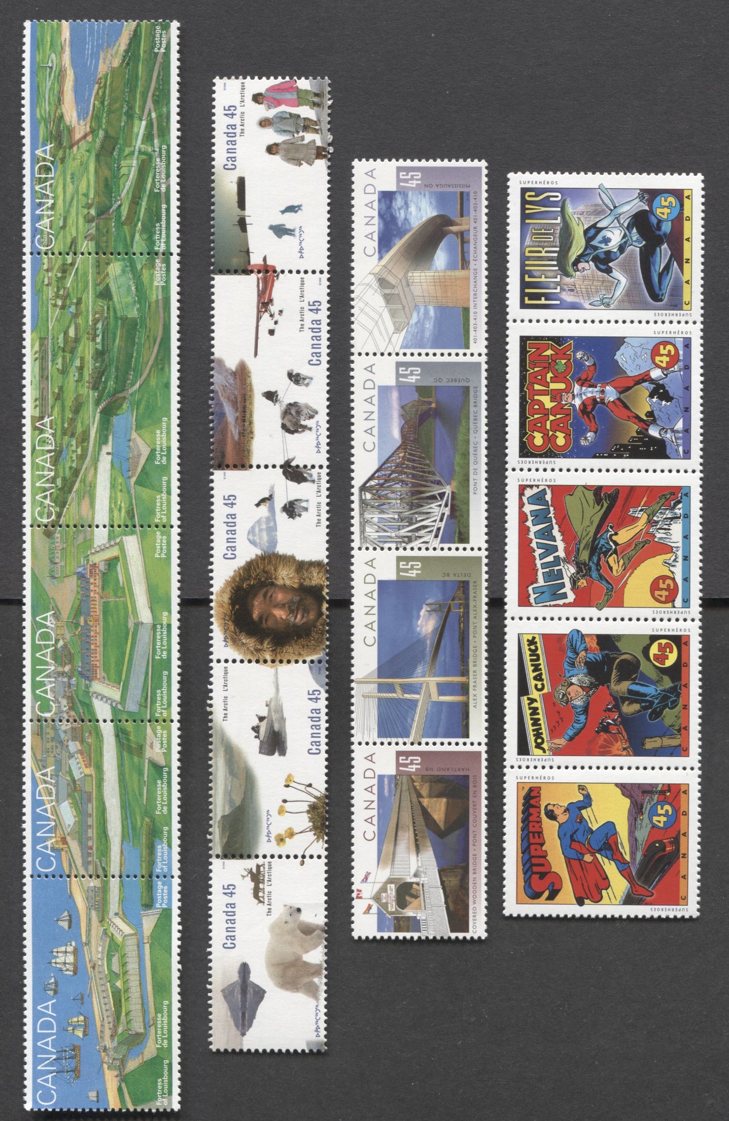 Canada #1573a, 1578ai, 1583bii, 1551ai 45c Multicolored, 1995 Fortress Of Louisburg - Comic Book Heroes Issues, 3 VFNH Strip Of 4 & Unfolded Strips Of 5 From The Annual Collection