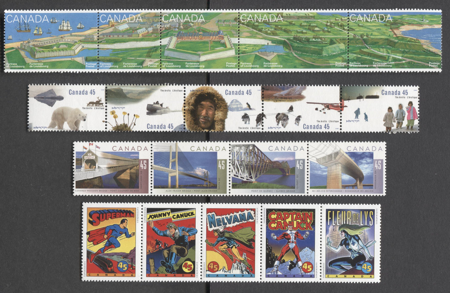 Canada #1573a, 1578ai, 1583bii, 1551ai 45c Multicolored, 1995 Fortress Of Louisburg - Comic Book Heroes Issues, 3 VFNH Strip Of 4 & Unfolded Strips Of 5 From The Annual Collection