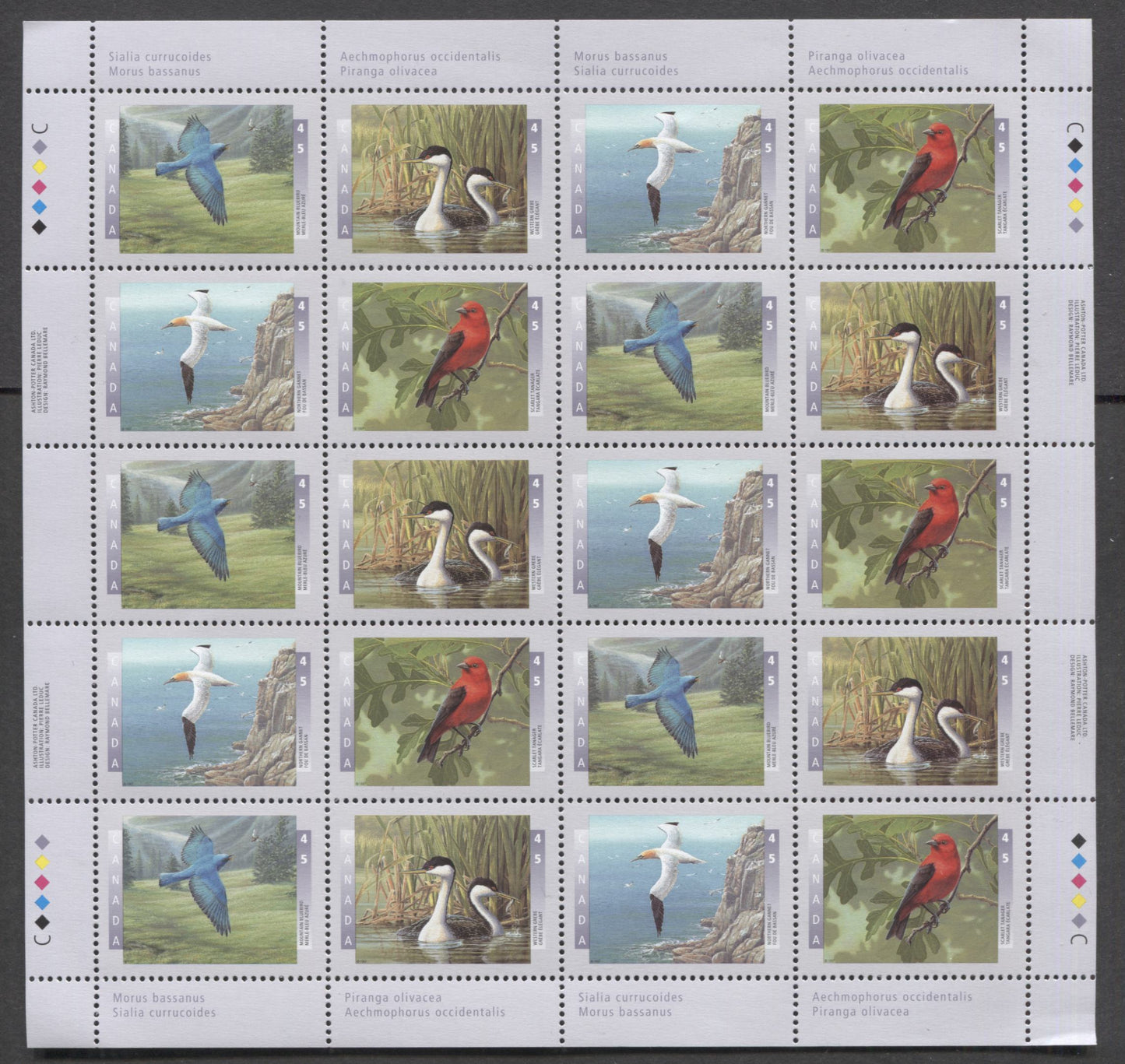 Canada #1634a 45c Multicolored, 1997 Birds Issue, A VFNH Full Pane Of 20 With Marginal Inscriptions On DF/DF CPP Paper