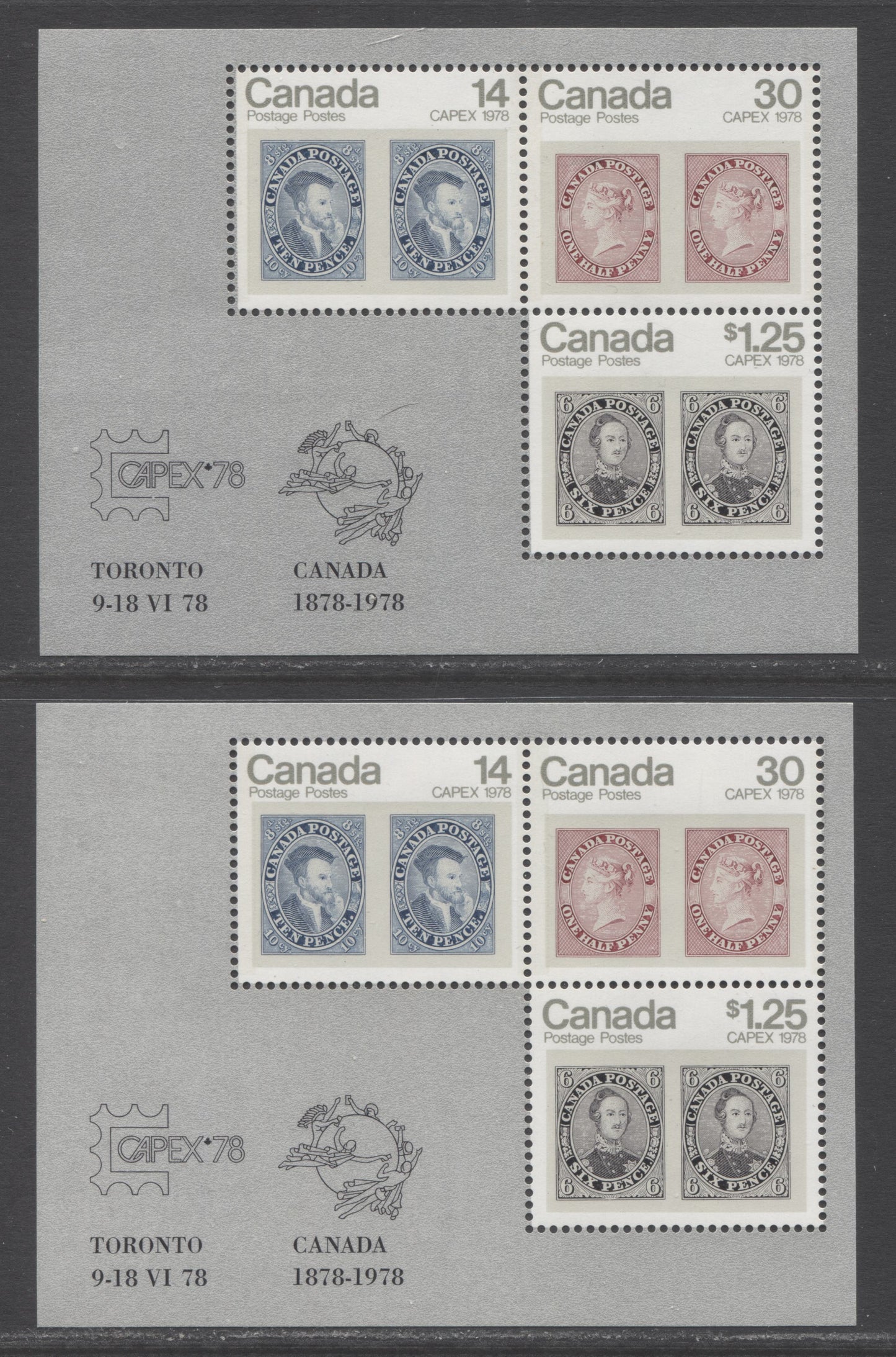 Canada #756a,ai $1.25 Multicolored 10d Jacques Cartier - 6d Prince Albert, 1978 Capex Issue, 2 VFNH Souvenir Sheets On DF & LF Papers