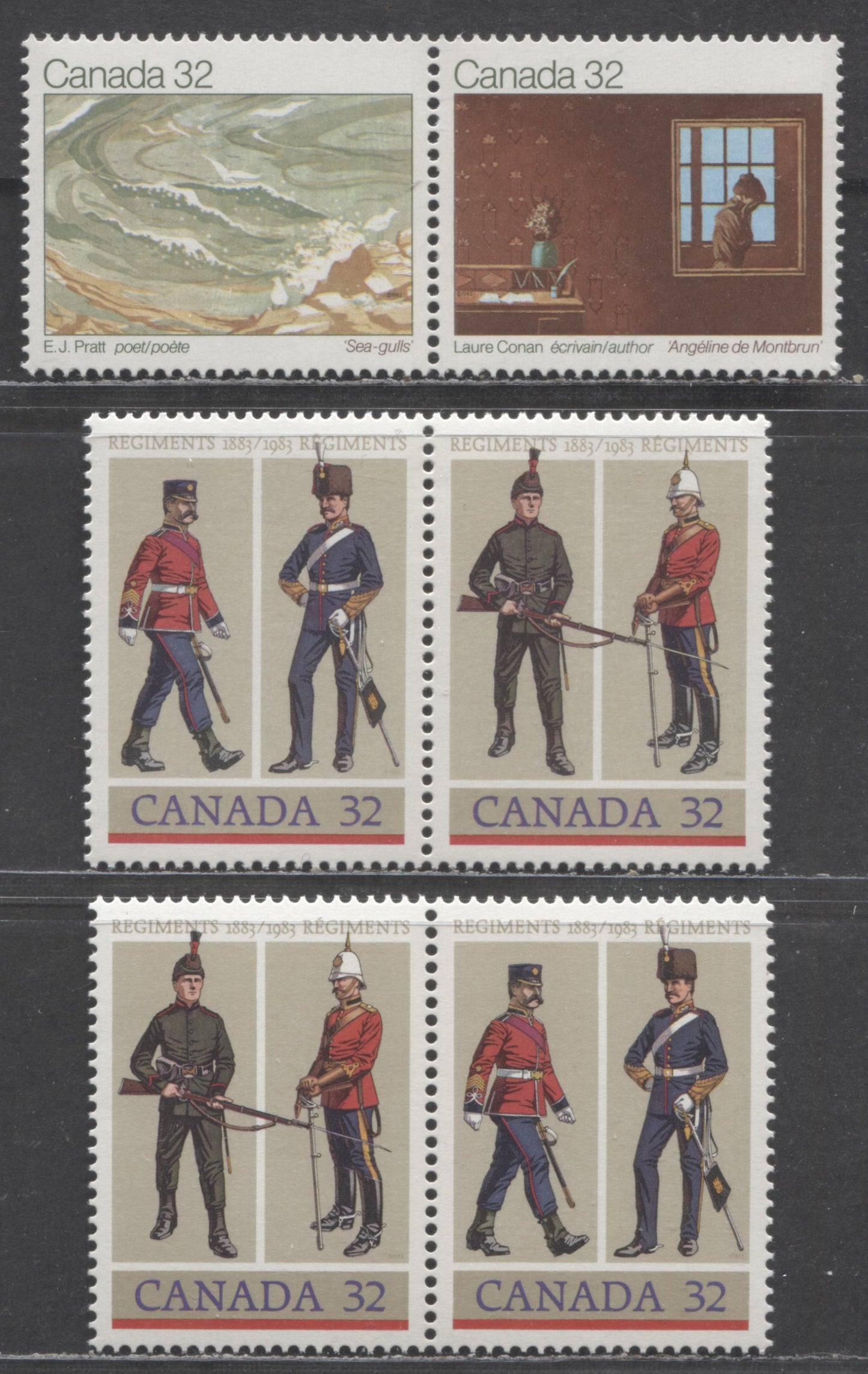 Canada #979ai, 1008a,ai 32c Multicolored Laure Conan - Royal Winnipeg Rifles, 1983 Canadian Writers & Army Regiments, 3 VFNH Pairs On LF-fl, DF/DF & DF/LF-fl Papers