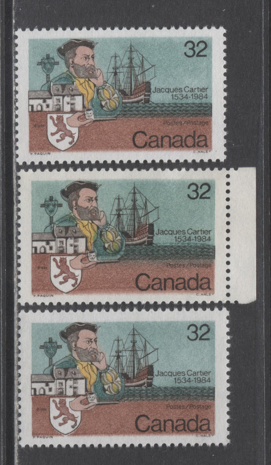 Canada #1011,I,ii 32c Multicolored Cartier & Ship, 1984 Jacques Cartier, 3 VFNH Singles With HF, F & DF Papers