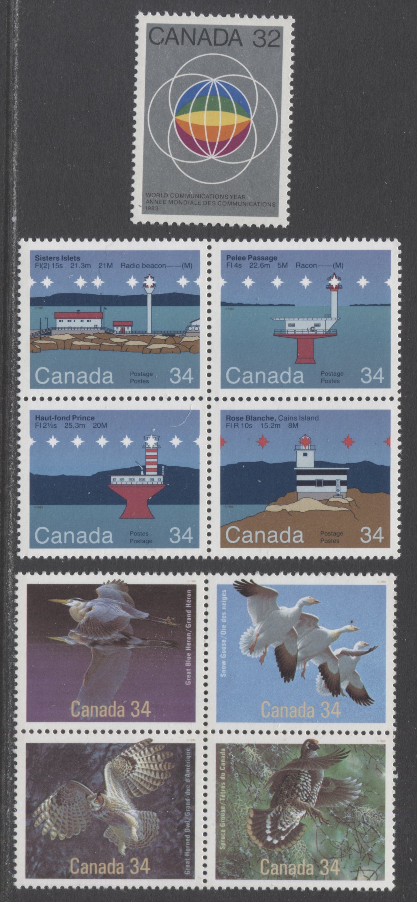 Canada #976i, 1066ai, 1098a 32c & 34c Multicolored Globes, Sisters/Spruce Grouse, 1983-1986 United Nations, Canadian Lighthouses & Birds Of Canada Issues, 3 VFNH Single & Blocks Of 4 With DF, LF/DF-fl & MF Papers