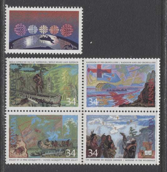 Canada #1103i, 1129ai 34c Multicolored CBC Logo, Brule nears Lake Superior/Missions In The Wilderness, 1986-1987 CBC & Exploration Of Canada-2 Issues, 2 VFNH Single & Block Of 4 With MF & MF/DF Papers