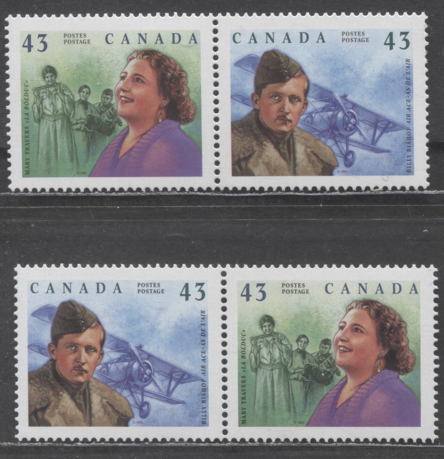 Lot 386 Canada #1526aii,aiii 43c Multicolored William Avery Bishop & Mary Travers, 1994 Great Canadians, 2 VFNH Pairs With MF & DF Peterborough Papers