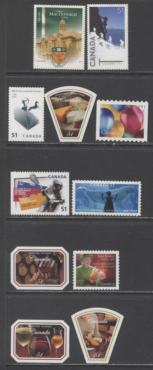 Canada #2142i/2172i 51c Multicolored Queen Elizabth II 80th Birthday / Macdonald College, 2006 Commemoratives, 10 VFNH Singles Includes Unlisted 2168-2171 Wine & Cheese Issue