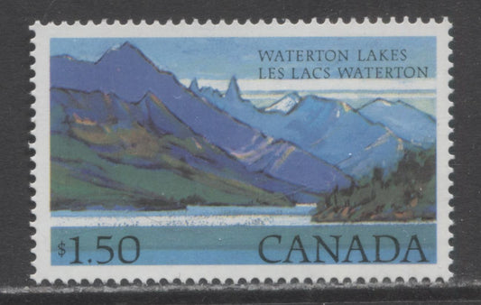 Canada #935ii $1.50 Multicolored Waterton Lakes, 1982-1987 High Value National Park Definitives, A VFNH Single With Beacon On Mountain Variety On Fluorescent Paper