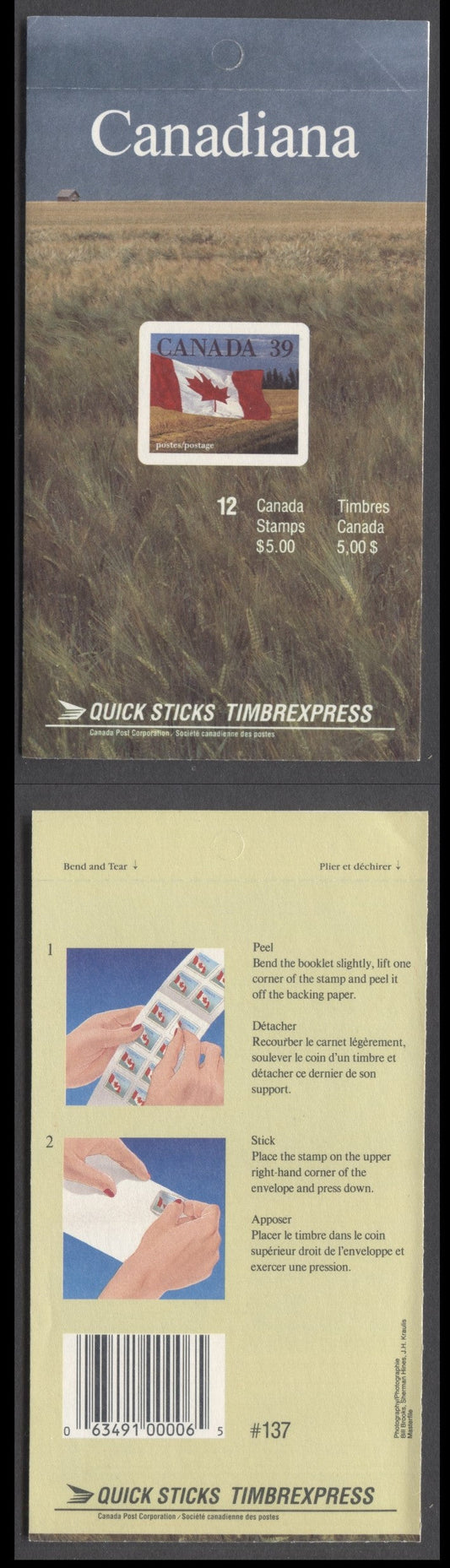 Canada #BK114b 1989 Definitive Issue, A 39c Multicolored Booklet, HF Cover, Slater-Fasson Paper, Back Cover Peel/Stick Instructions, No Tagging At Right Edge Of Pane, Buildings At Left On Front Cover, AP Printing, Die Cut (Imperf)