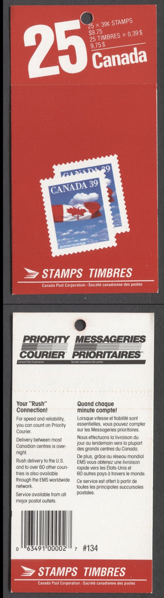 Canada #BK115var 1989 Definitive Issue, A 39c Multicolored Booklet, DF Smooth Cover Stock With Non Flsc Red Ink, Slater Paper, 2 Stamps' & 'Priority Courier' Covers, AP Printing, Perf 13.6 x 13.1, Tag Bar Along Top Edge Of Labels