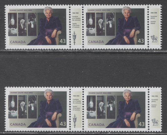Canada #1509,i 43c Multicolored Jean Sauve, 1994 Jeanne Sauve Issue, 2 VFNH Pairs On LF & MF Papers