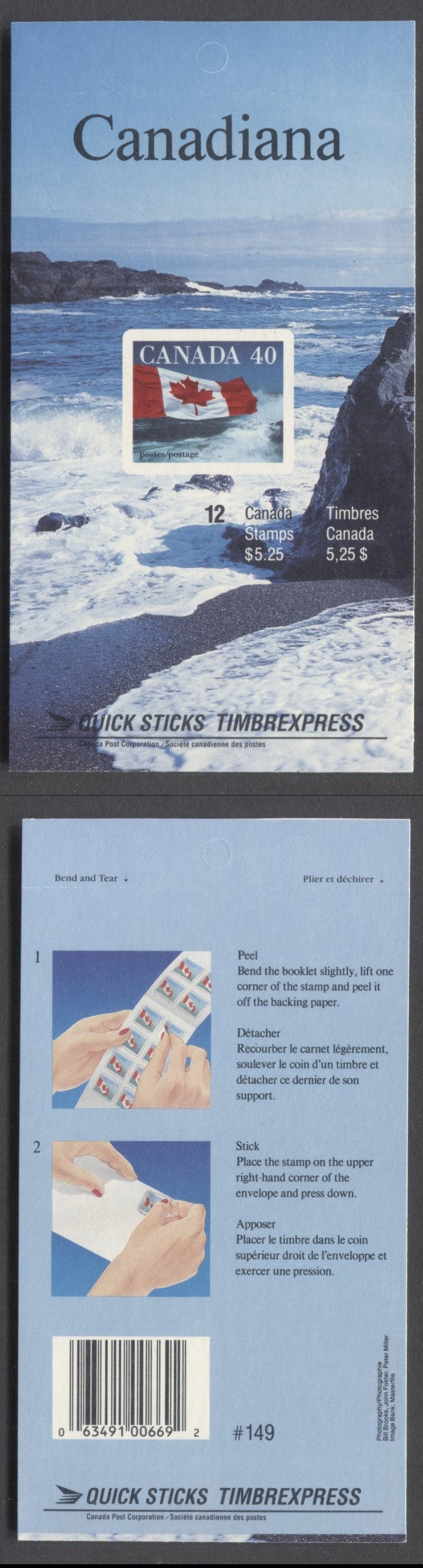 Lot 53 Canada #BK127b 1990-1991 Definitive Issue, A 40c Multicolored Booklet, HF Cover Cover Stock, Slater/Fasson Paper, Distant Cliffs At Left & Peel/Stick Instructions On Covers, APL Printing, Die Cut (Imperf), Tagging Covers Both Sides Of Pane