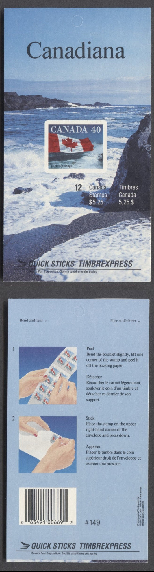 Canada #BK127b 1990-1991 Definitive Issue, A 40c Multicolored Booklet, HF Cover Cover Stock, Slater/Fasson Paper, Distant Cliffs At Left & Peel/Stick Instructions On Covers, APL Printing, Die Cut (Imperf), Tagging Covers Both Sides Of Pane