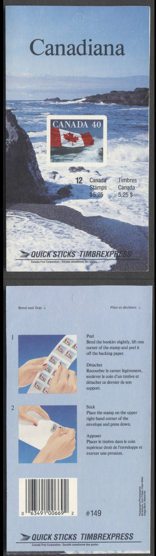 Canada #BK127e 1990-1991 Definitive Issue, A 40c Multicolored Booklet, Opened, MF Cover Cover Stock, Slater/Fasson Paper, Distant Hills At Right & Peel/Stick Instructions On Covers, APL Printing, Die Cut (Imperf), No Tag Along Left Edge