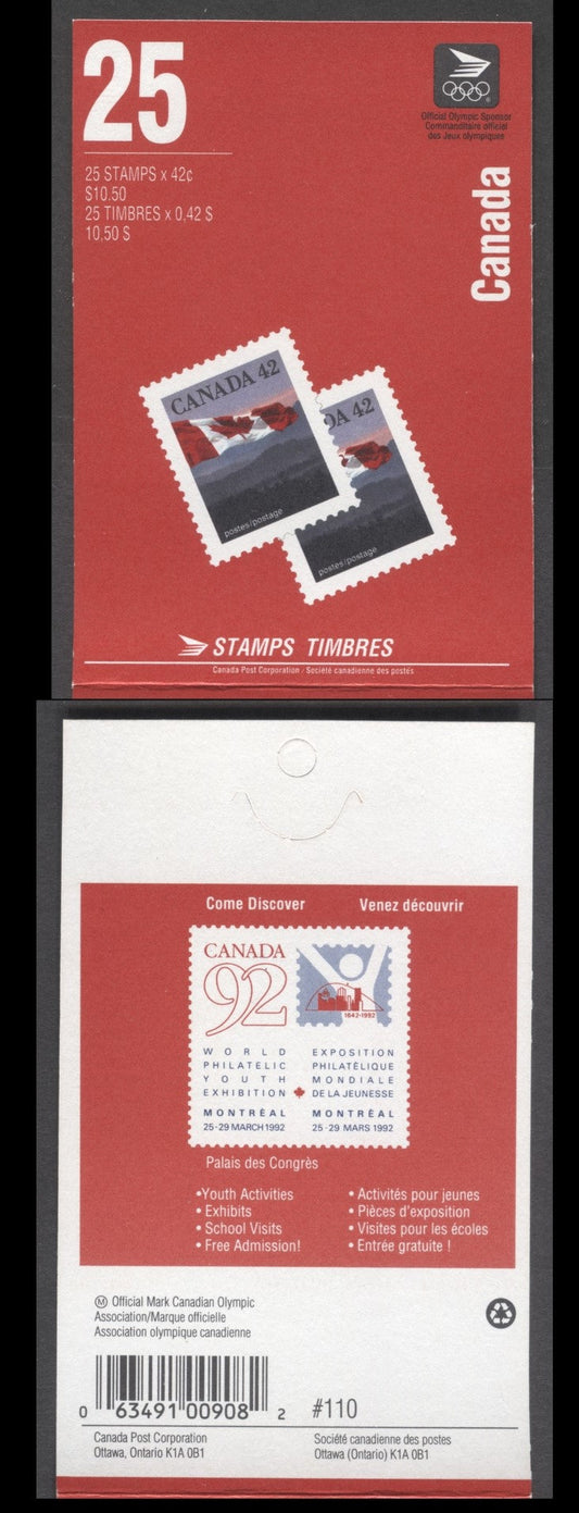 Lot 65 Canada #BK138b 1991-1992 Definitive Issue, A 42c Multicolored Booklet, Sealed, HB Cover Cover Stock, 2 Stamps + Olympic Logo' & 'Canada '92' Covers, AP Printing, Perf 13.6 x 13.1, Special Letter on Inside Front, Perforated Selvedge