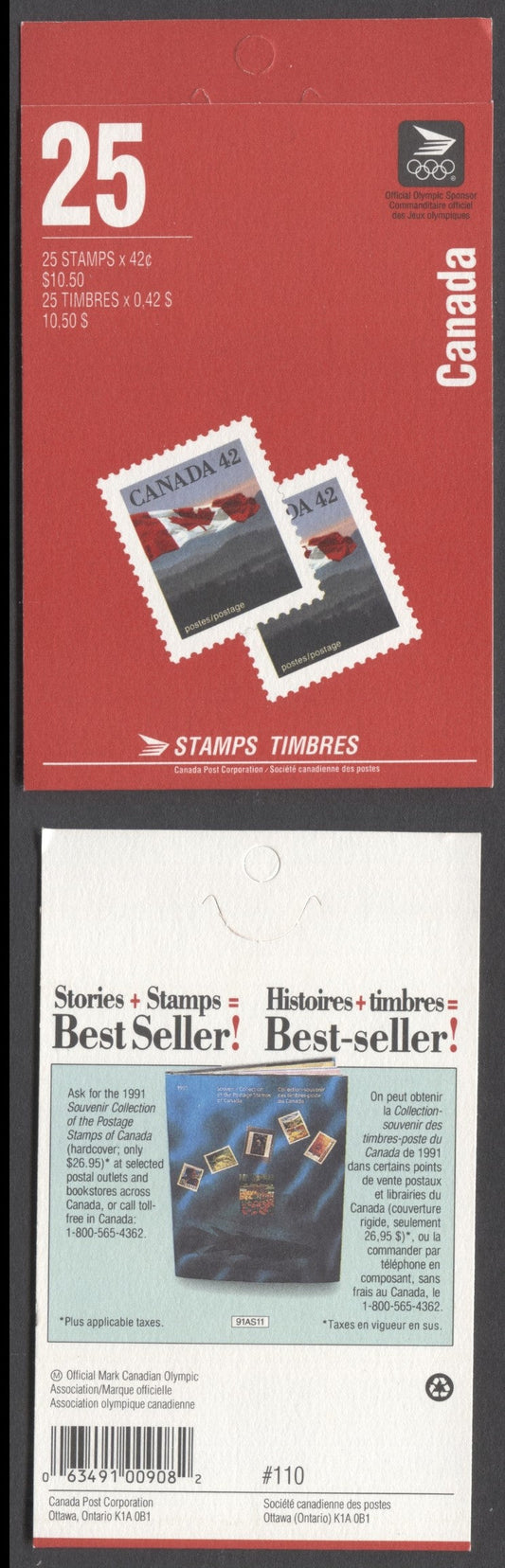 Lot 67 Canada #BK138Aa 1991-1992 Definitive Issue, A 42c Multicolored Booklet, Sealed, 2 Stamps + Olympic Logo' & 'Best Seller' Covers, AP Printing, Perf 13.6 x 13.1, Special Letter on Inside Back, Perforated Selvedge & Tag Bar Along Edges