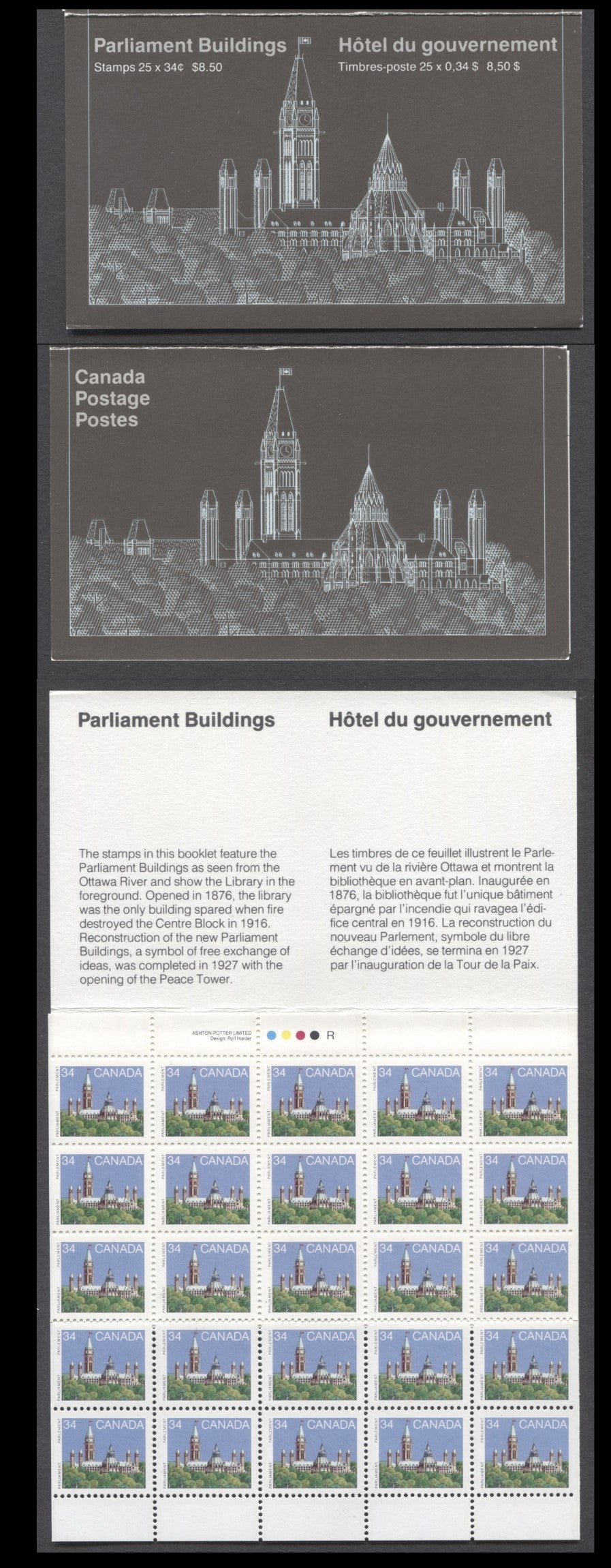 Lot 6A Canada #BK89Aa 1985 Parliament Buildings Issue, A 34c Multicolored Booklet, MF Pane & LF Cover, Rolland Paper, Type 1, BABN, Perf 13.3 x 14