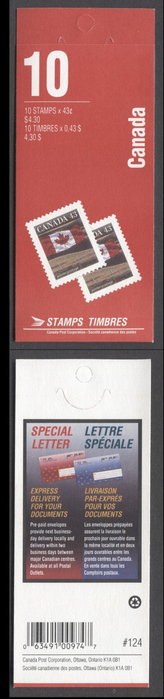 Lot 86 Canada #BK153a 1992-1994 Definitive Issue, A 43c Multicolored Booklet, Sealed, HB Cover Cover Stock, Coated Papers Paper, 2 Stamps' & 'Special Letters' Covers, AP Printing, 'Come Discover' on Inside Front