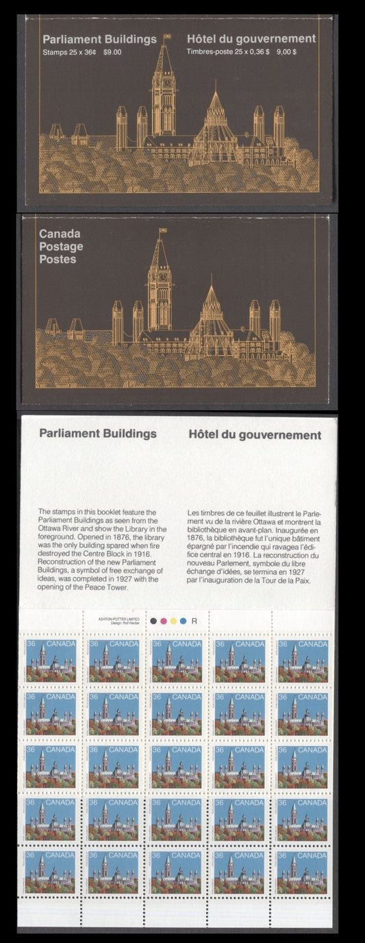 Lot 8A Canada #BK94i 1987 Parliament Buildings Issue, A 36c Multicolored Booklet, DF/LF Pane & MF-fl Cover, Rolland Paper, Tagging On 4 Sides, GT4 & GT2, AP Printing, Perf 13.3 x 14