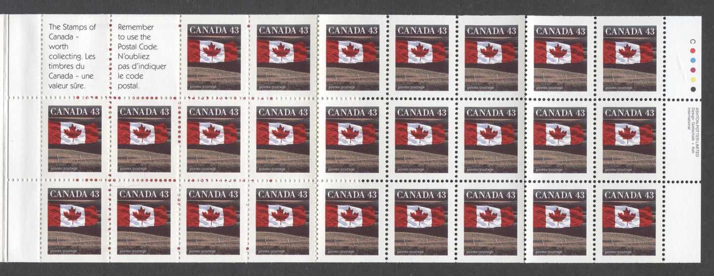 Lot 96 Canada BK154b 1992-1994 Definitive Issue, A 43c Multicolored Booklet, Unsealed, HB Cover Cover Stock, Coated Papers Paper, 3 Stamps' & 'Come Discover' Covers, AP Printing, Perf 13.6 x 13.1,49c & 86c Rates, Tag Bar Along Top Labels