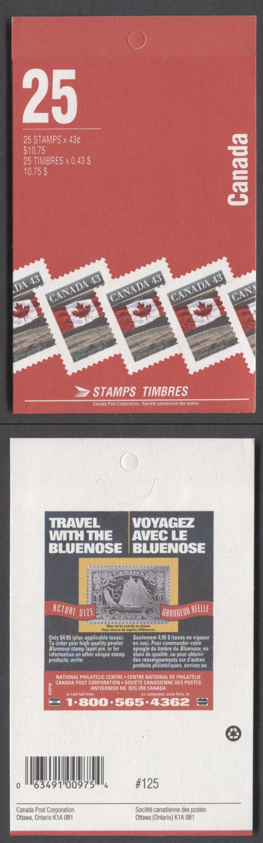 Lot 97 Canada BK154Ac 1992-1994 Definitive Issue, A 43c Multicolored Booklet, Sealed, HB Cover Cover Stock, 5 Stamps' & 'Bluenose' Covers, Leigh-Marden Printing, Perf 14.5 x 14.6, 49c & 86c Rates, Tag Bar Along Top Labels, Address in Titlecase
