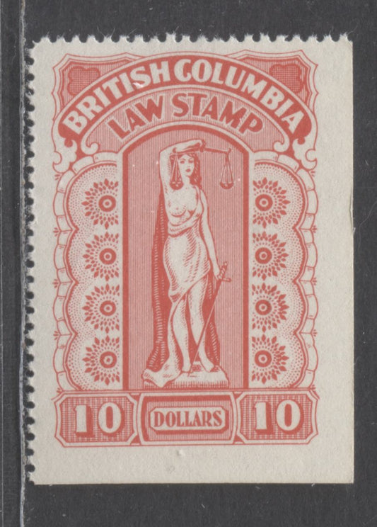 Lot 62 Canada - British Columbia #BCL57 $10 Light Red Lady Law, 1958-1970 Eleventh Law Series, A FNH Single With Davac Gum