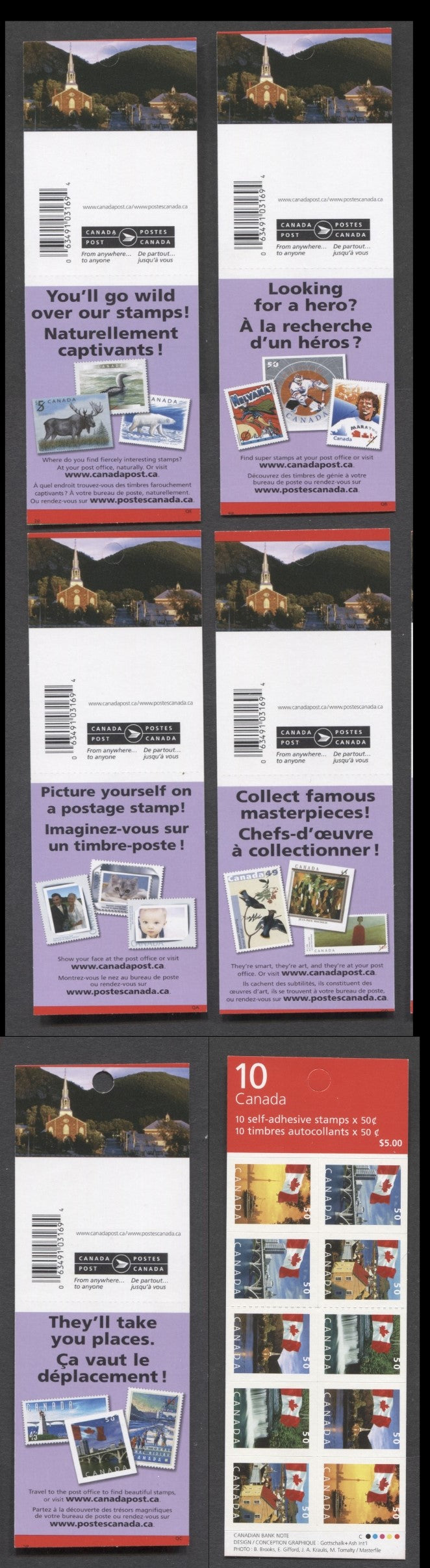 Lot 71 Canada #BK302b 2004-2005 Definitive Issue, 5 50c Multicolored Booklets, LF/HB Pane On TRC Paper, 29 Slit Roulette, OA-OE Covers, OD Miscut At Bottom, CBN Printing, 03169 4