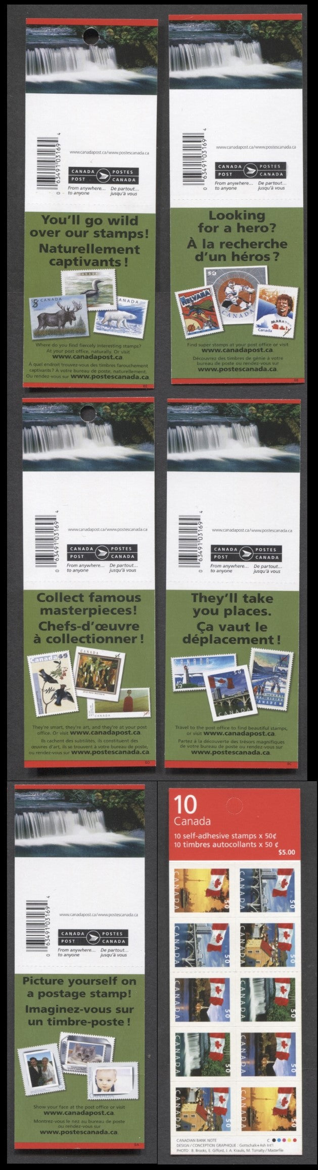 Canada #BK302b 2004-2005 Definitive Issue, 5 50c Multicolored Booklets, LF/HB Pane On TRC Paper, 29 Slit Roulette, BA-BE Covers, CBN Printing, 03169 4