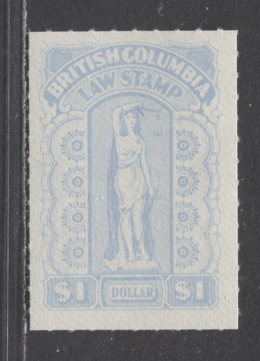 Lot 63 Canada - British Columbia #BCL63 $1 Blue Lady Law, 1958-1970 Eleventh Law Series, A VFNH Single, Rouletted