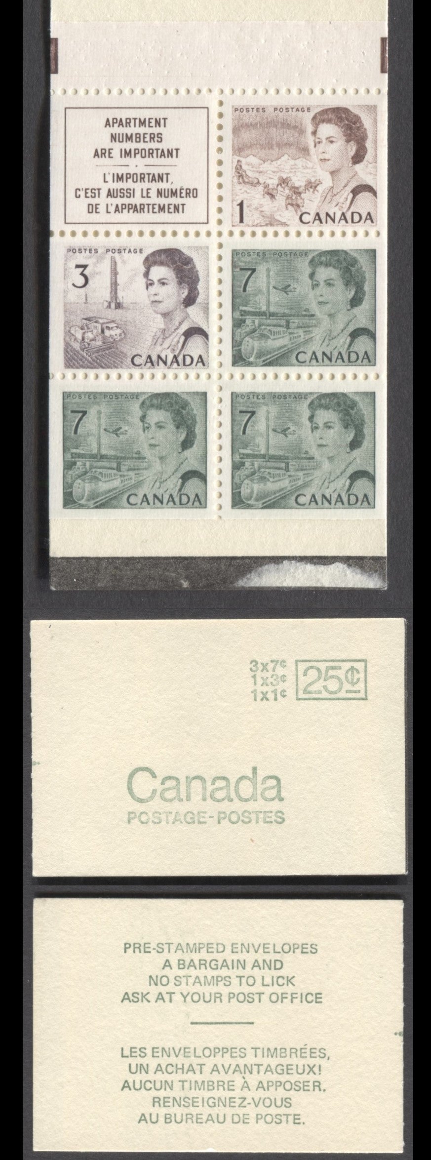 Canada #BK66aii 1967-1973 Centennial Issue, A 25c 1c Brown, 3c Dull Purple & 3x 7c Slate Green+Label Booklet, MF(8) Vertical Ribbed Paper, Type 1, Slightly Brighter Than Lot 300, Pre-stamped', Rough Cover Stock & Black Seal