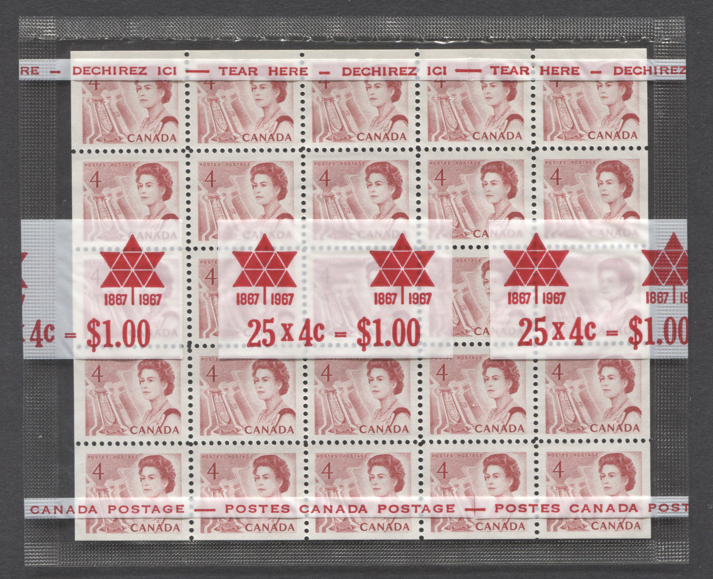 Lot 5 Canada #457bi 4c Deeper Carmine Rose Queen Elizabeth II, 1967-1973 Centennial Issue, A VFNH Cello Paq Pane Of 25 On The Scarcer NF Paper