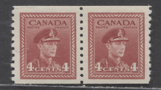 Lot 52 Canada #281 4c Dark Carmine King George VI, 1948 War Issue Coils, A VFNH Coil Pair On Vertical Ribbed Horizontal Wove Paper with Shiny Yellowish Cream Gum, Perf 9.5 Vertical