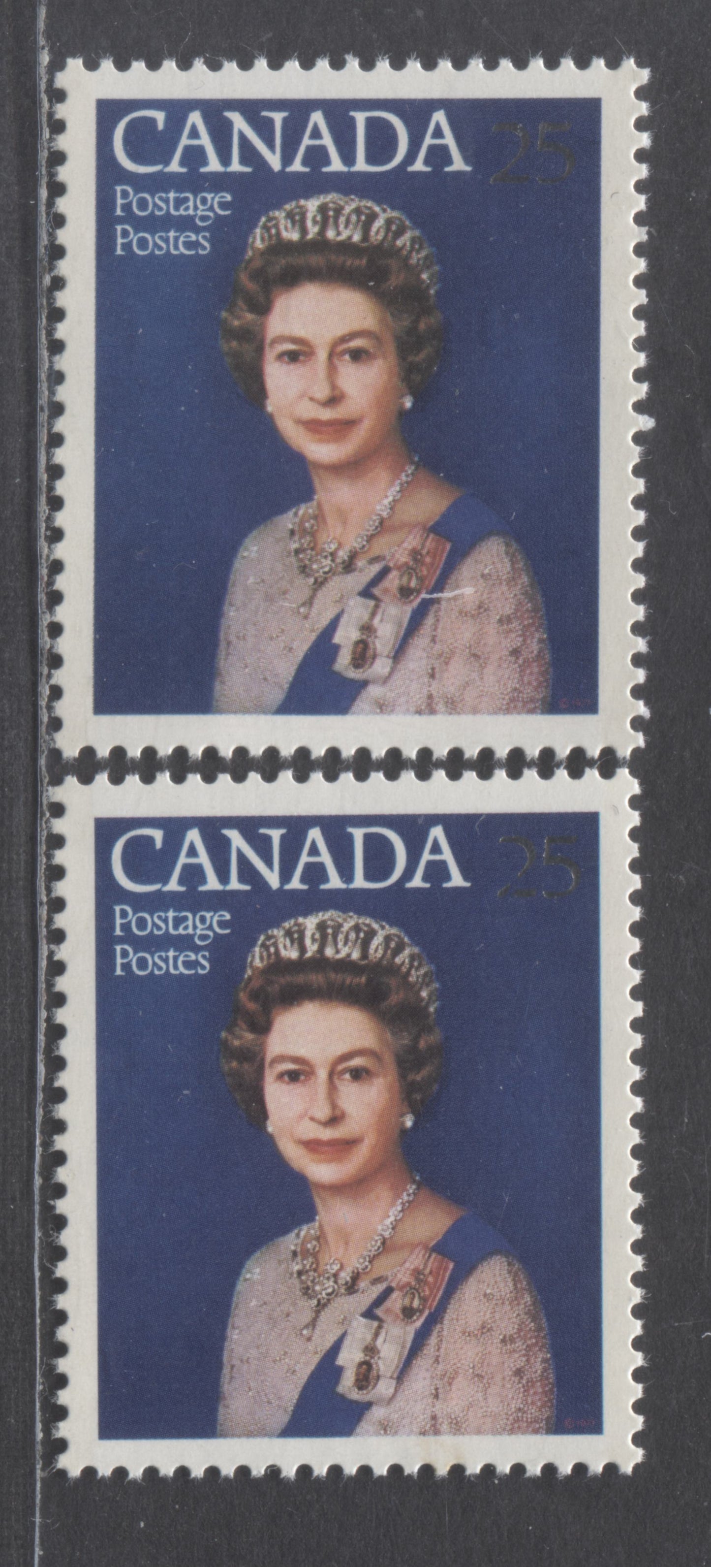 Lot 57 Canada #704var 25c Silver & Multicolored Queen Elizabeth II, 1977 Silver Jubilee Issue, 2 VFNH Singles with The '25' Below Canada & Cracked '2', Both On LF Paper