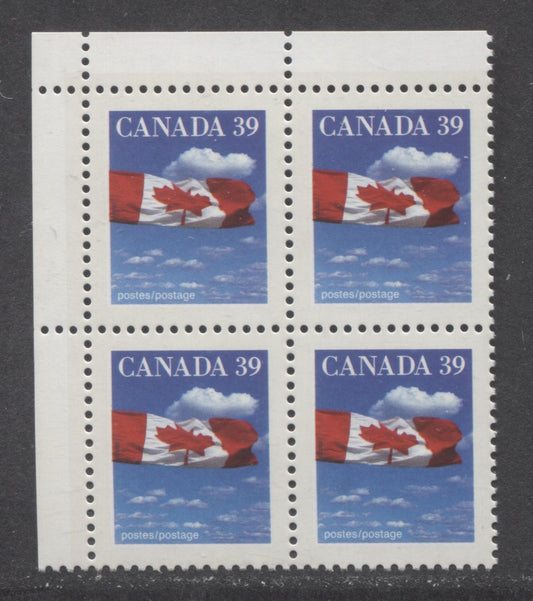 Lot 58 Canada #1166c 39c Multicolored Flag Over Clouds, 1989 Definitive Issue, A VFNH UL Block Of 4 with Perf Change 12.7 x 13.1, AP Printing, Scarce As A Corner Block, DF Peterborough Paper