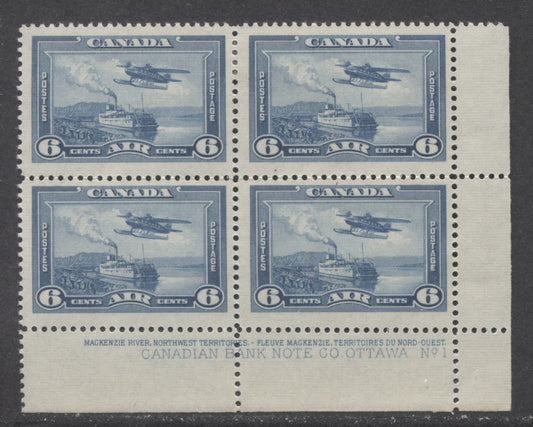 Lot 66 Canada #C6 6c Dull Blue Monoplane Over Mackenzie River, 1938 Air Mail Issue, A FOG LR Plate 1 Block Of 4 On Horizontal Ribbed Paper with Deep Yellow Gum, Hinged On The Top 2 Stamps & NH On The Bottom Two