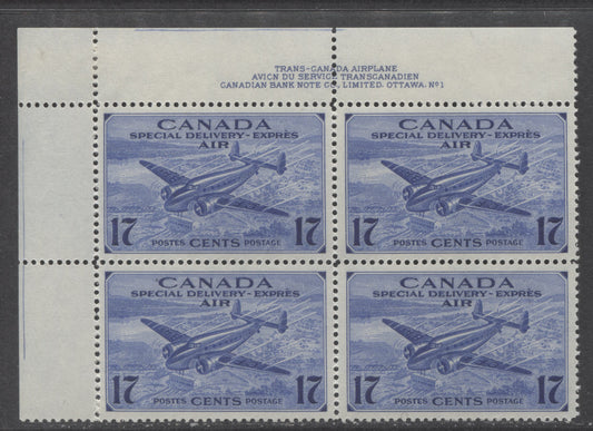 Lot 73 Canada #CE2 17c Bright Ultramarine Trans-Canada Airplane, 1942-1943 Air Mail Special Delivery Issue, A VFNH UL Plate 1 Block Of 4 With Cream Gum